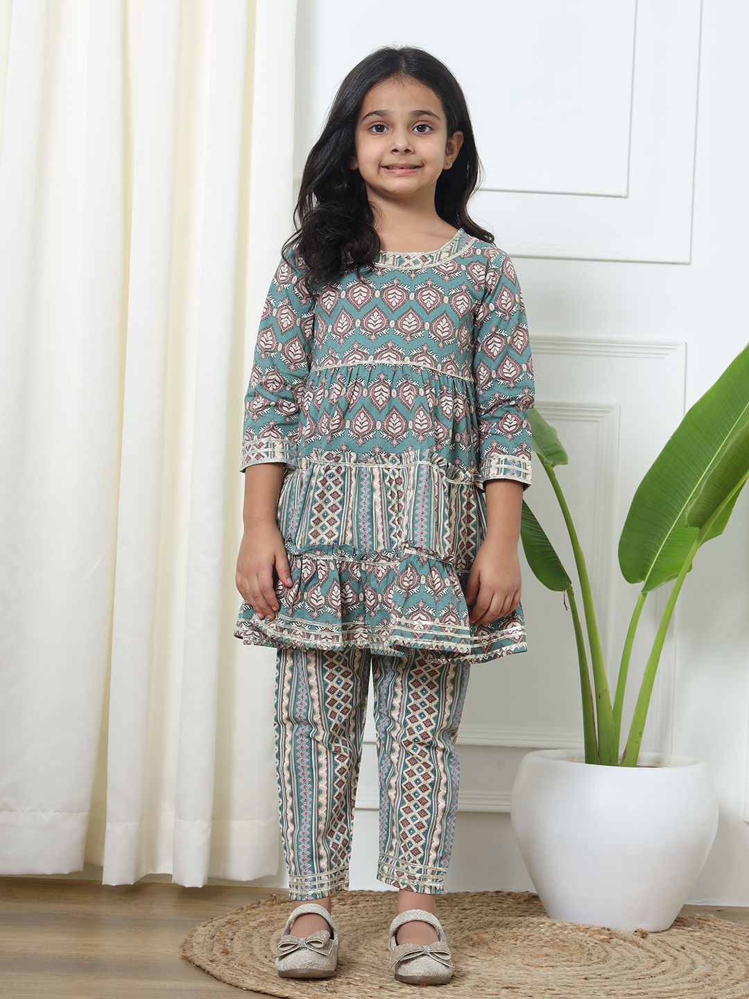 Frock Style Cotton Fabric Teal Color Kurti And Pyjama