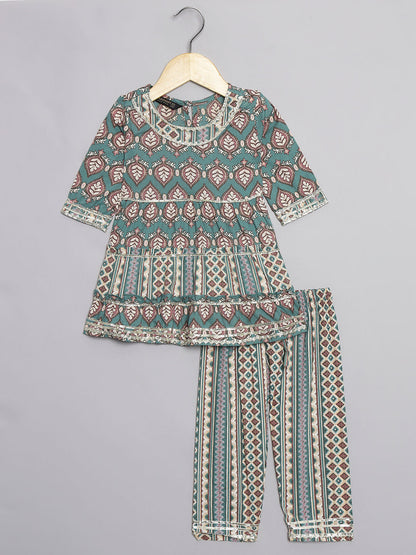Frock Style Cotton Fabric Teal Color Kurti And Pyjama