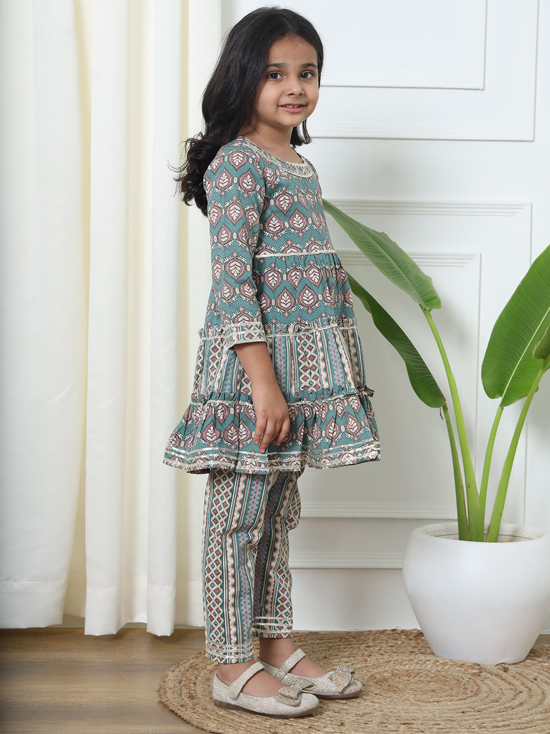 Frock Style Cotton Fabric Teal Color Kurti And Pyjama