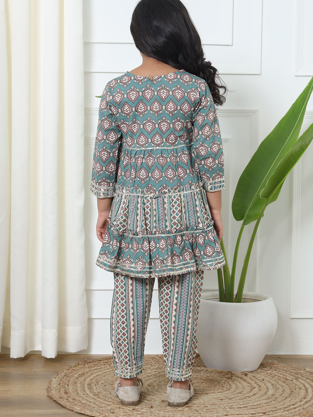 Frock Style Cotton Fabric Teal Color Kurti And Pyjama