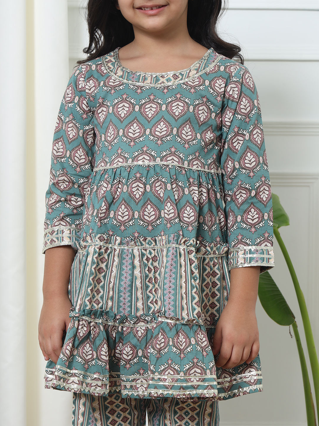 Frock Style Cotton Fabric Teal Color Kurti And Pyjama