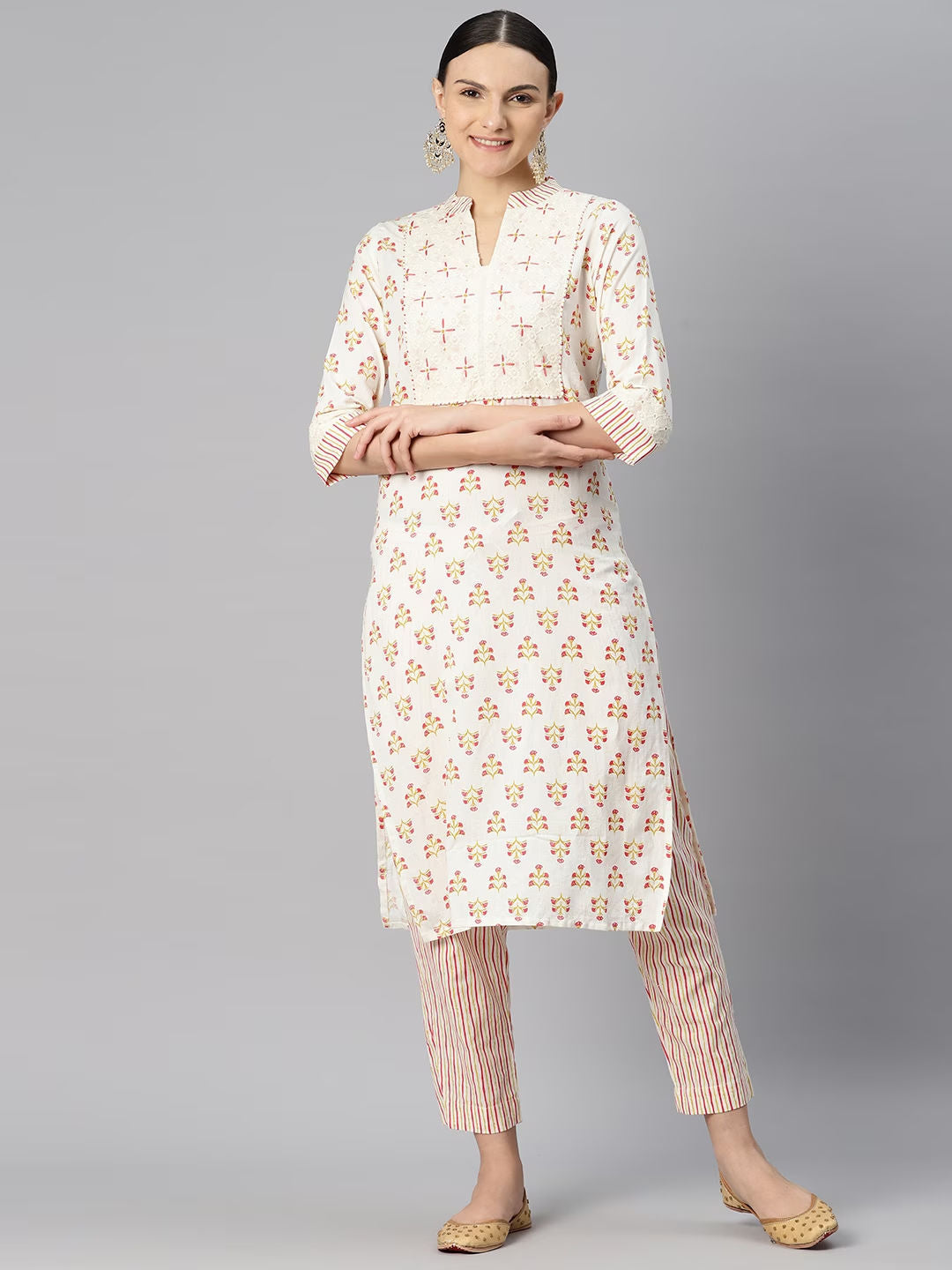 Straight Style Cotton Fabric Off White Color Kurti Bottom