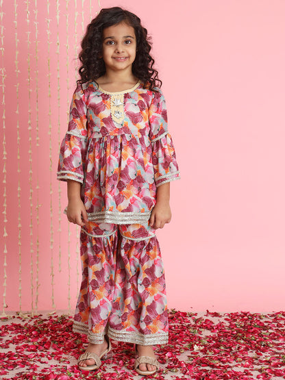 Frock Style Chinnon Fabric Purple Color Kurti And Sharara