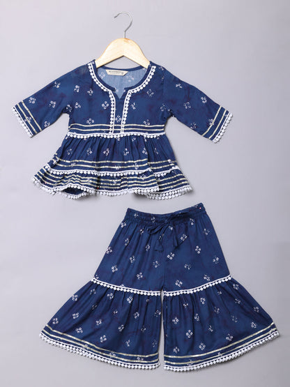 Frock Style Cotton Fabric Blue Color Kurti And Sharara