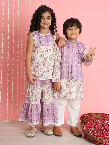 Straight Style Cotton Fabric Purple Color Kurti And Sharara