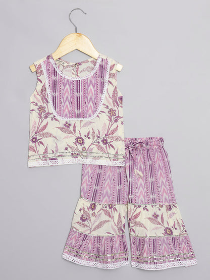 Straight Style Cotton Fabric Purple Color Kurti And Sharara