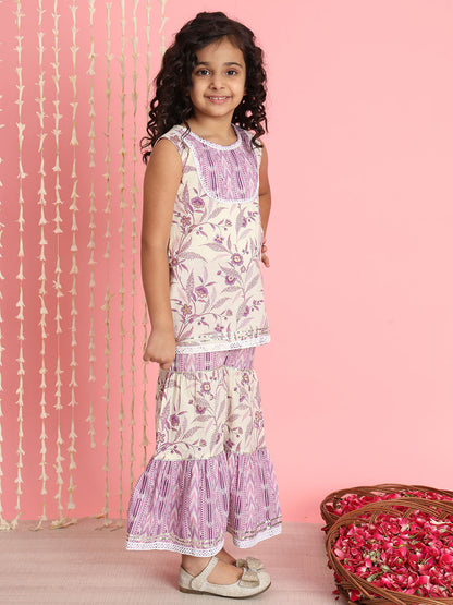 Straight Style Cotton Fabric Purple Color Kurti And Sharara