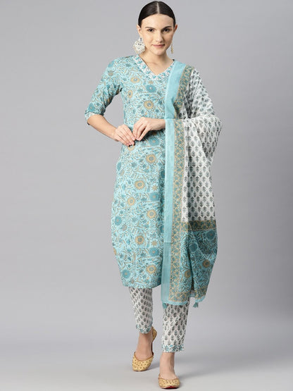 Straight Style Cotton Fabric Blue Color Kurti Bottom & Dupatta