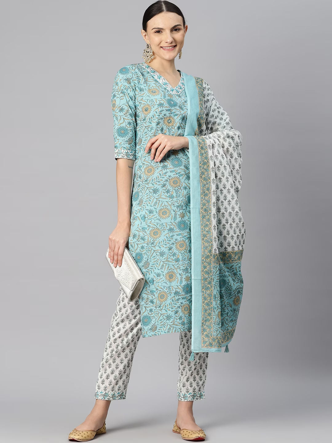 Straight Style Cotton Fabric Blue Color Kurti Bottom & Dupatta