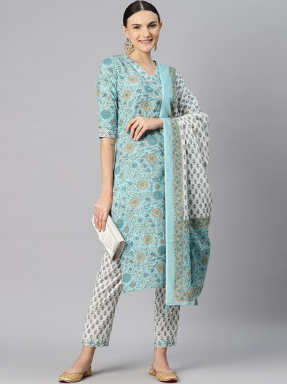 Straight Style Cotton Fabric Blue Color Kurti Bottom & Dupatta