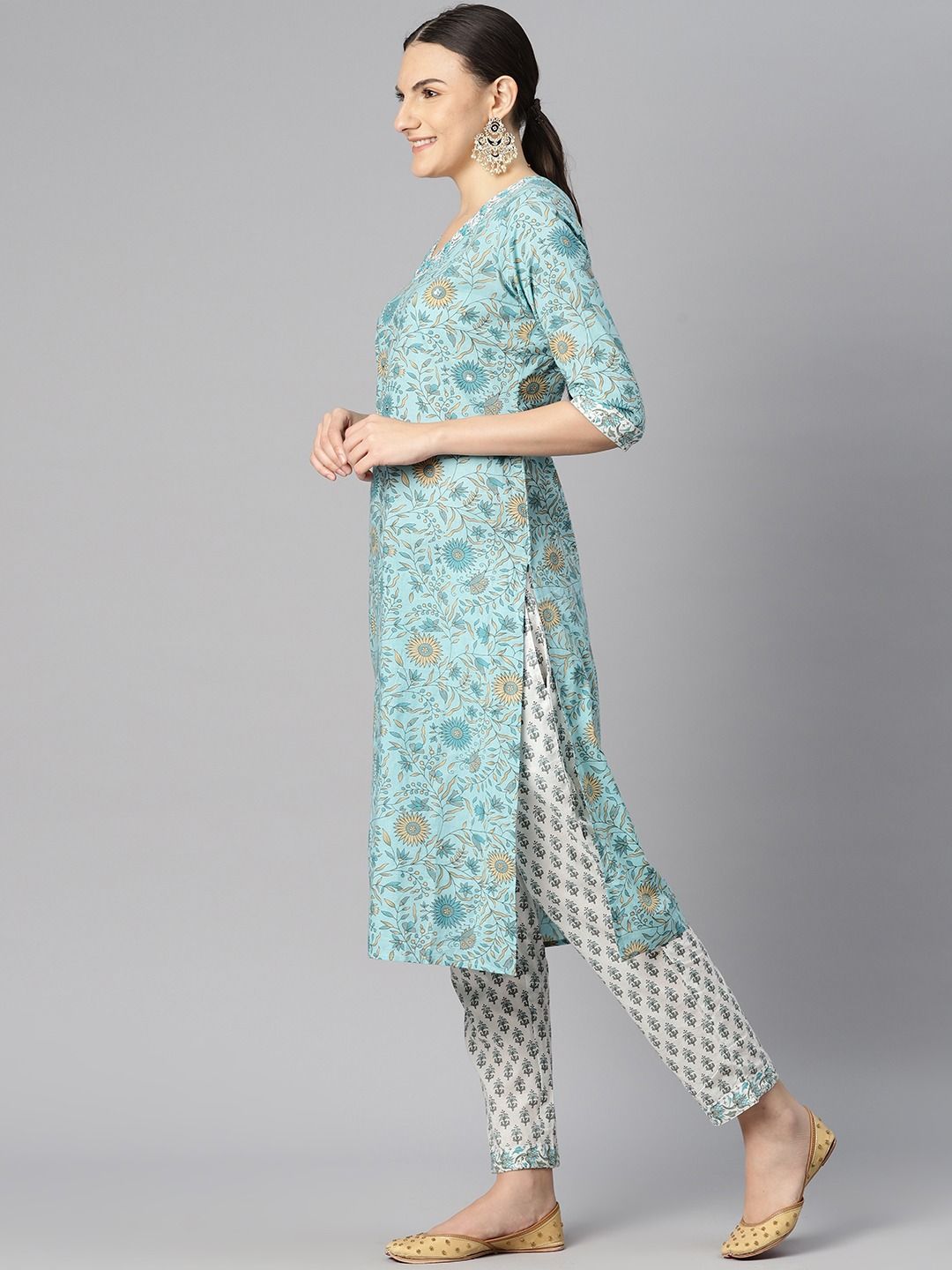 Straight Style Cotton Fabric Blue Color Kurti Bottom & Dupatta