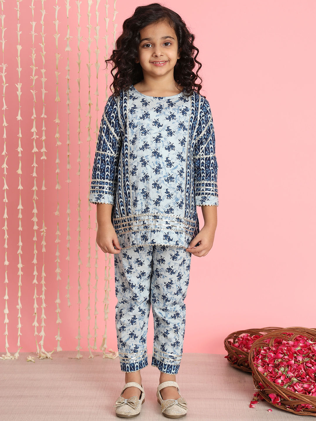 Straight Style Cotton Fabric Blue Color Kurti And Pyjama
