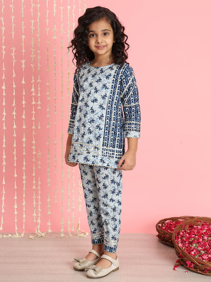 Straight Style Cotton Fabric Blue Color Kurti And Pyjama