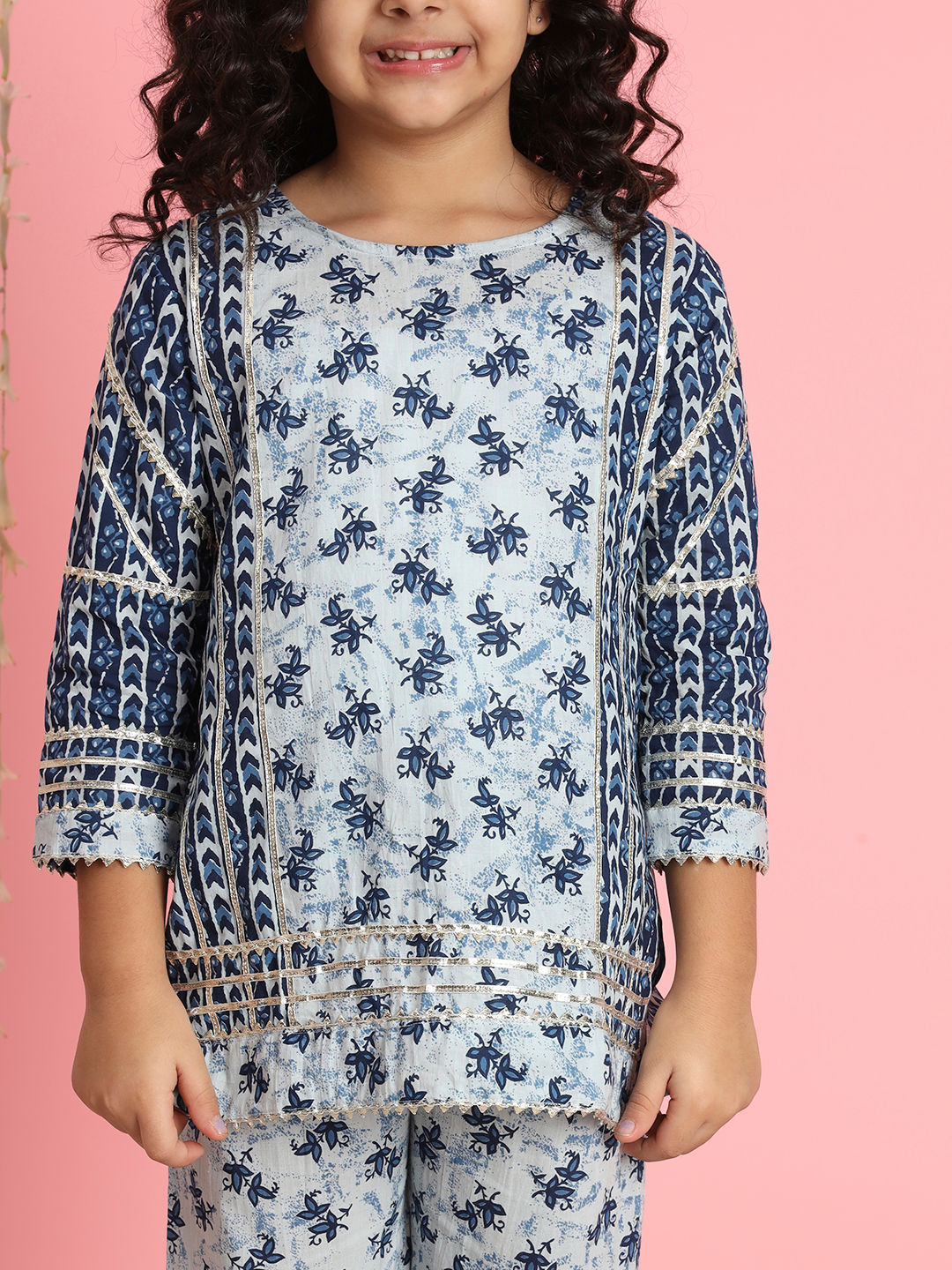 Straight Style Cotton Fabric Blue Color Kurti And Pyjama
