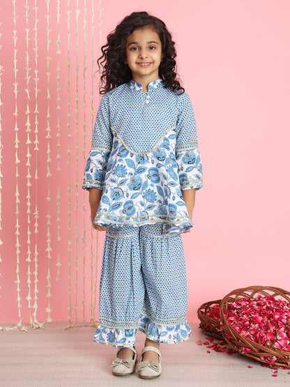 Frock Style Cotton Fabric Blue Color Kurti And Sharara
