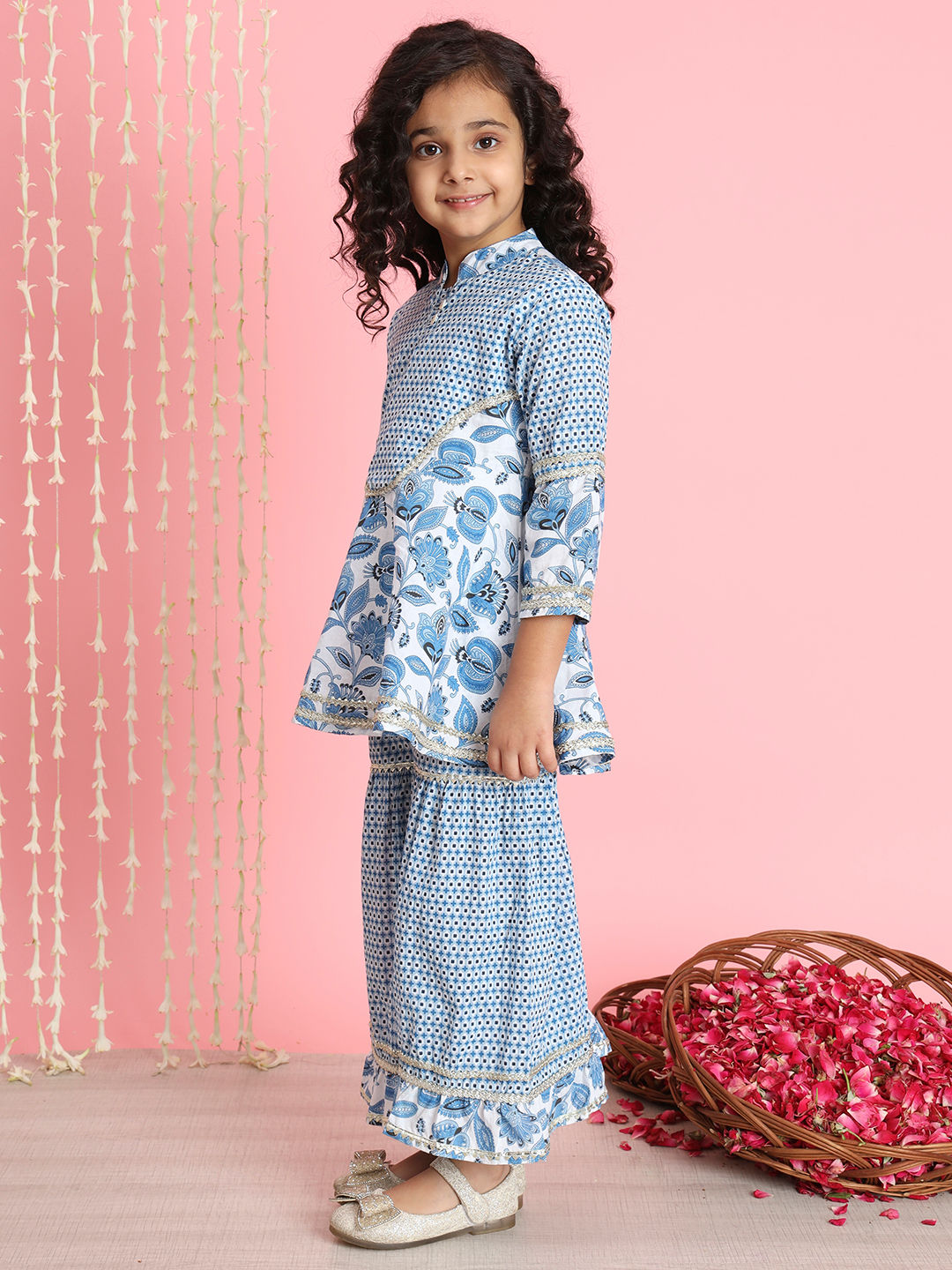 Frock Style Cotton Fabric Blue Color Kurti And Sharara