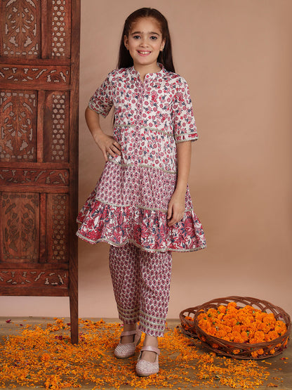 Frock Style Cotton Fabric Pink Color Kurti And Pyjama