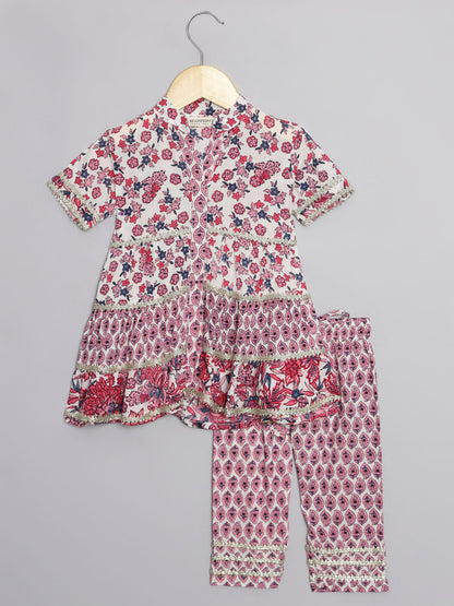 Frock Style Cotton Fabric Pink Color Kurti And Pyjama