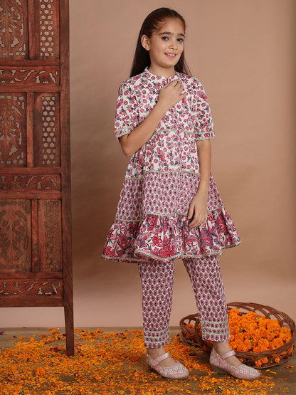Frock Style Cotton Fabric Pink Color Kurti And Pyjama