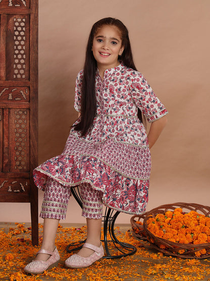 Frock Style Cotton Fabric Pink Color Kurti And Pyjama