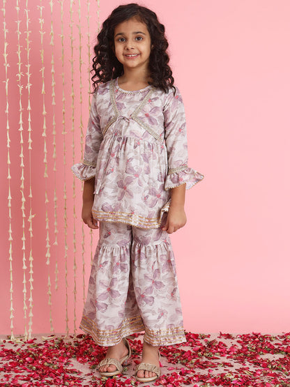 Frock Style Cotton Fabric Beige Color Kurti And Sharara