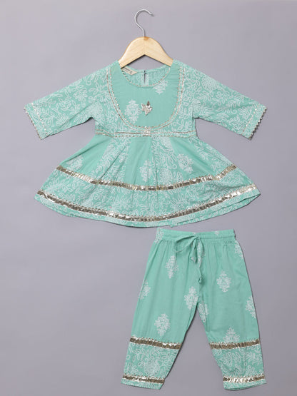 Frock Style Cotton Fabric Green Color Kurti And Bottom