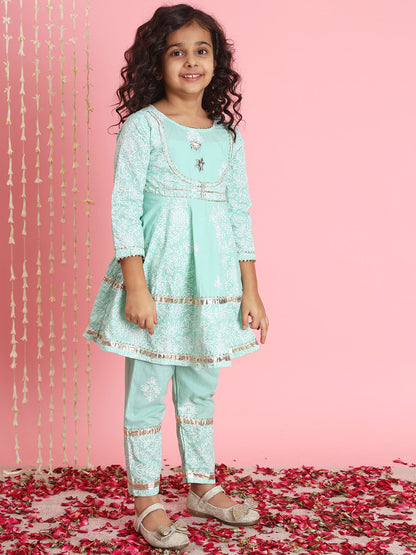 Frock Style Cotton Fabric Green Color Kurti And Bottom
