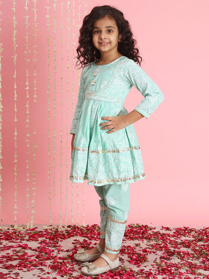 Frock Style Cotton Fabric Green Color Kurti And Bottom