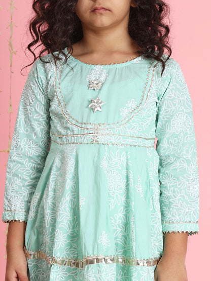 Frock Style Cotton Fabric Green Color Kurti And Bottom