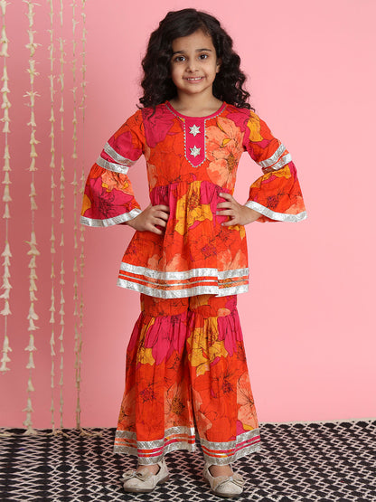 Frock Style Cotton Fabric Orange Color Kurti And Sharara