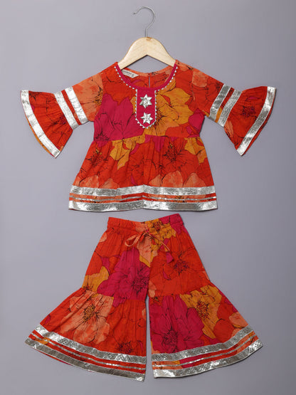 Frock Style Cotton Fabric Orange Color Kurti And Sharara