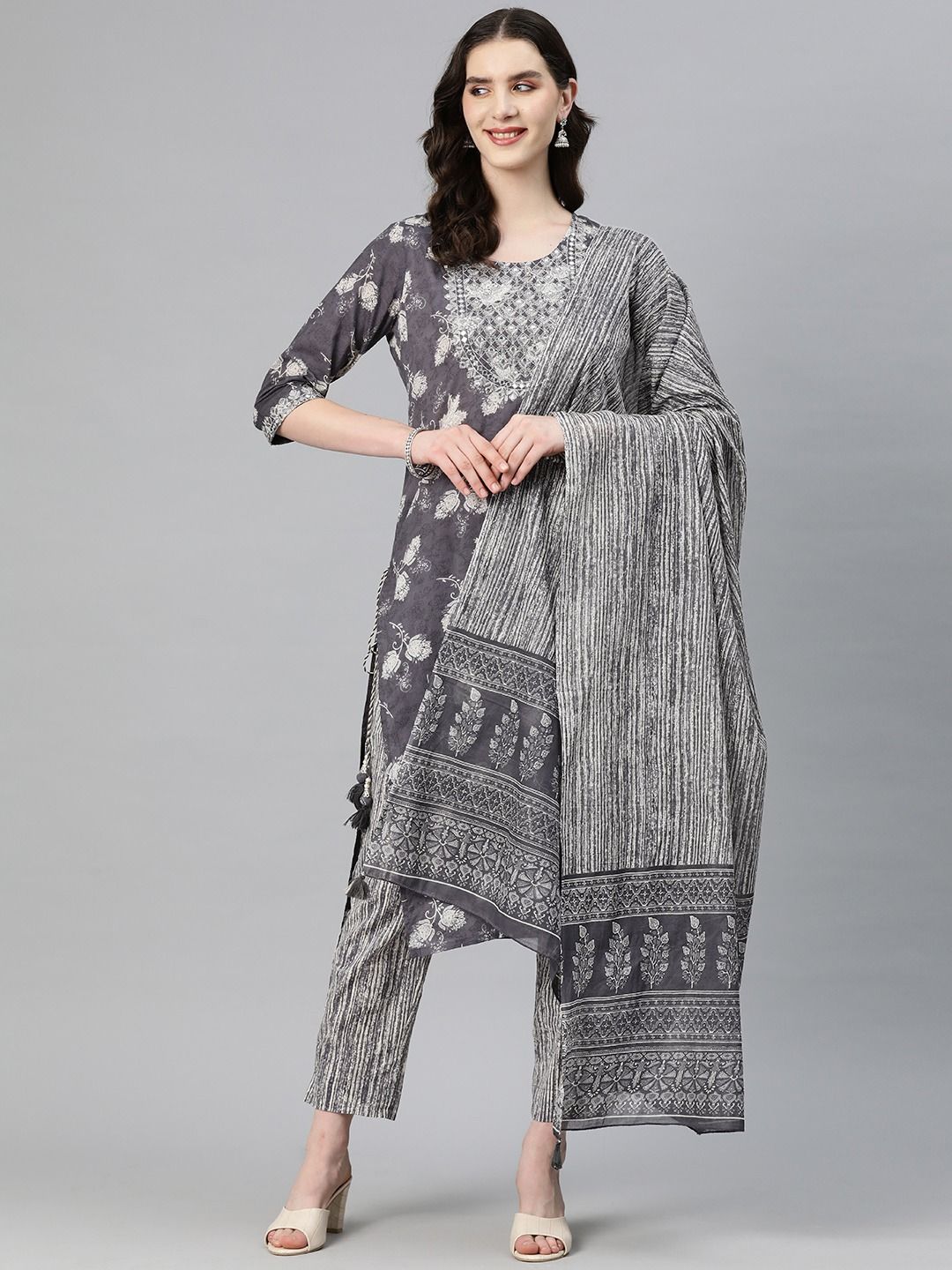 Straight Style Cotton Fabric Grey Color Kurti And Bottom & Dupatta