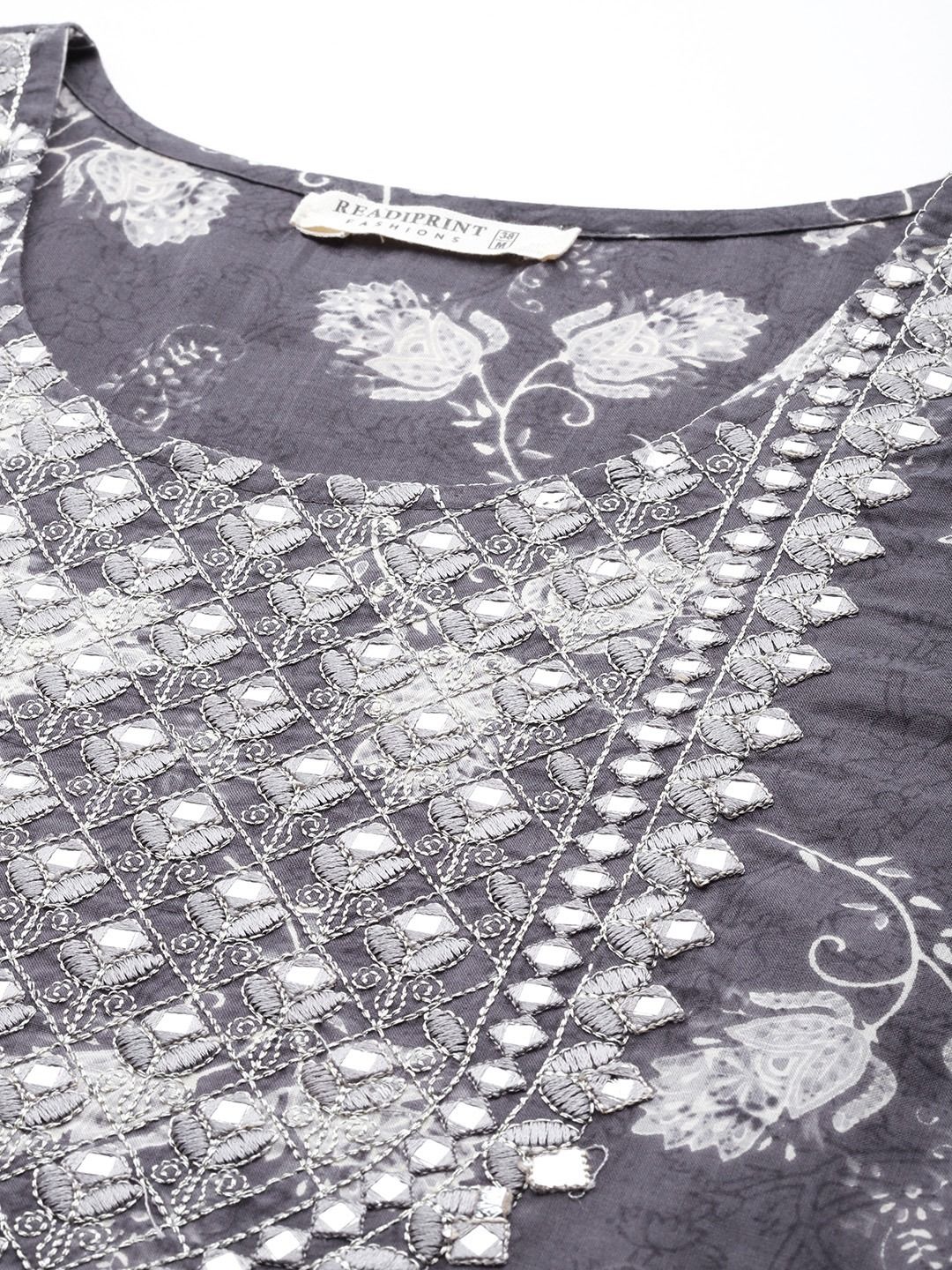Straight Style Cotton Fabric Grey Color Kurti And Bottom & Dupatta
