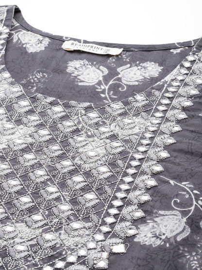 Straight Style Cotton Fabric Grey Color Kurti And Bottom & Dupatta