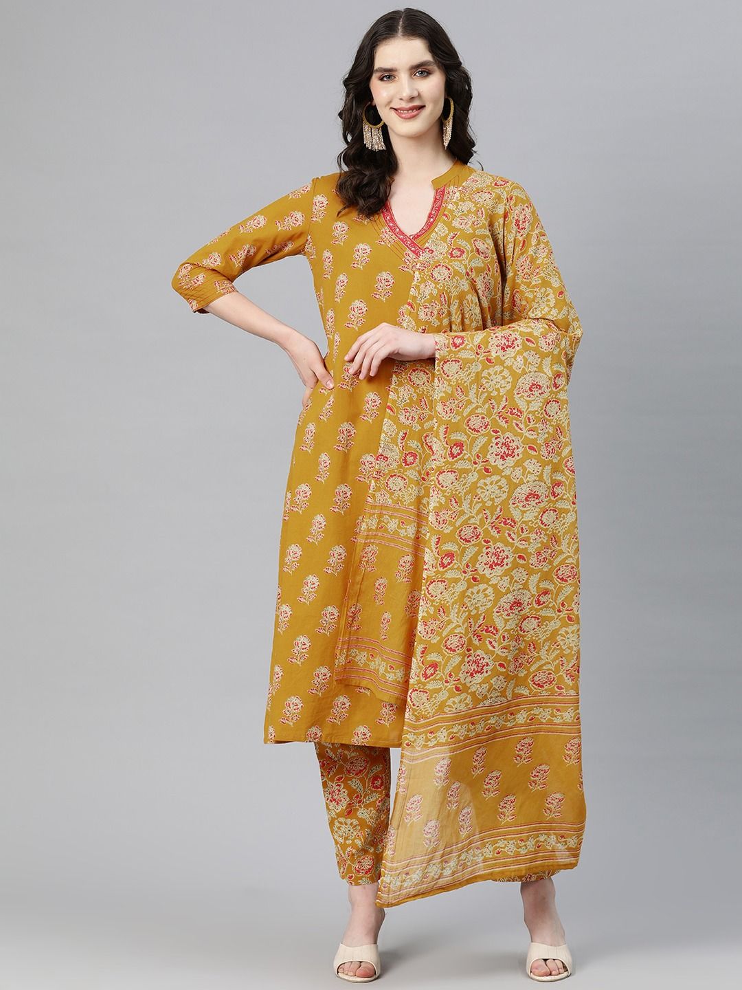 A-Line Style Cotton Fabric Mustard Color Kurti And Bottom & Dupatta