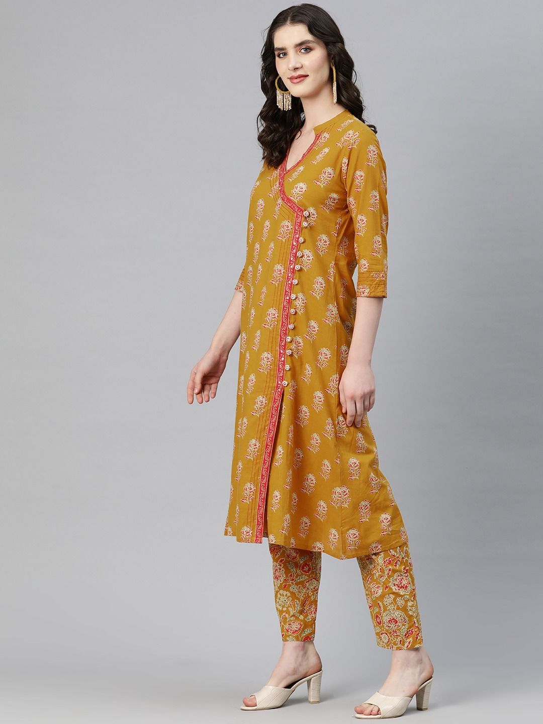 A-Line Style Cotton Fabric Mustard Color Kurti And Bottom & Dupatta