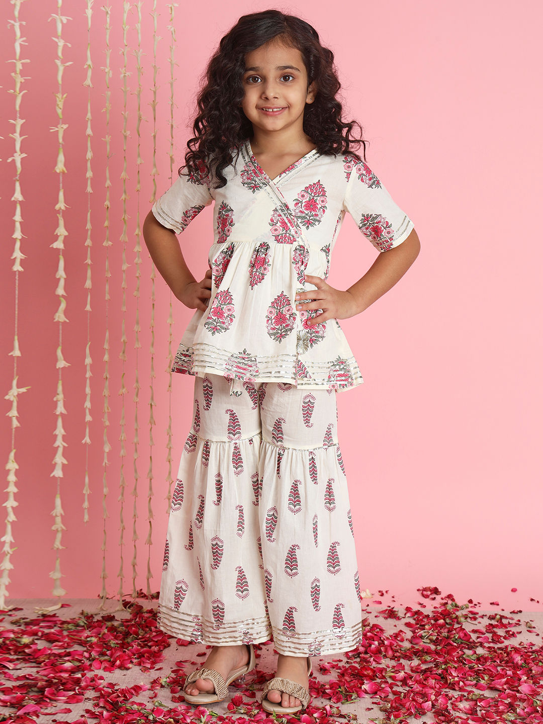 Frock Style Cotton Fabric Off White Color Kurti And Sharara