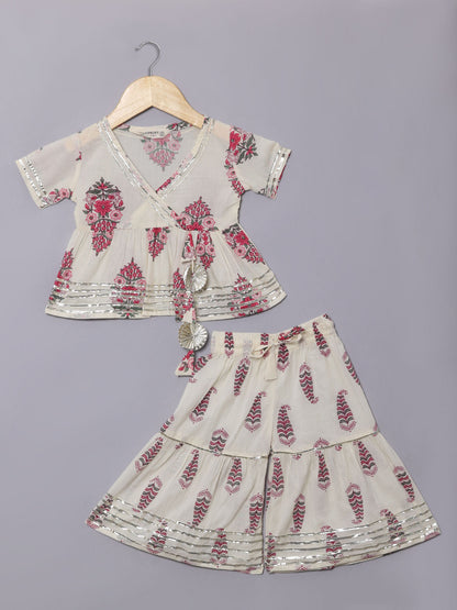 Frock Style Cotton Fabric Off White Color Kurti And Sharara