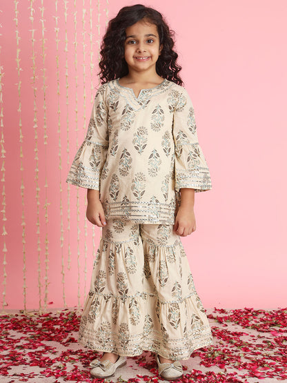 Straight Style Cotton Fabric Beige Color Kurti And Sharara