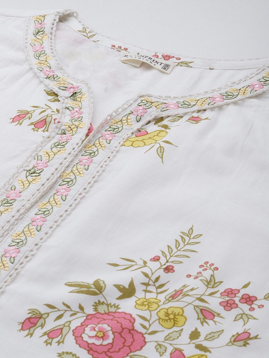 Straight Style Cotton Fabric White & Pink Color Kurti And Bottom