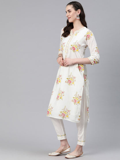 Straight Style Cotton Fabric White & Pink Color Kurti And Bottom