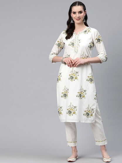 Straight Style Cotton Fabric White & Green Color Kurti And Bottom