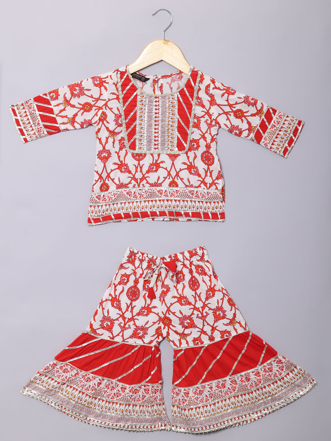 Straight Style Cotton Fabric Red And White Color Kurti And Sharara