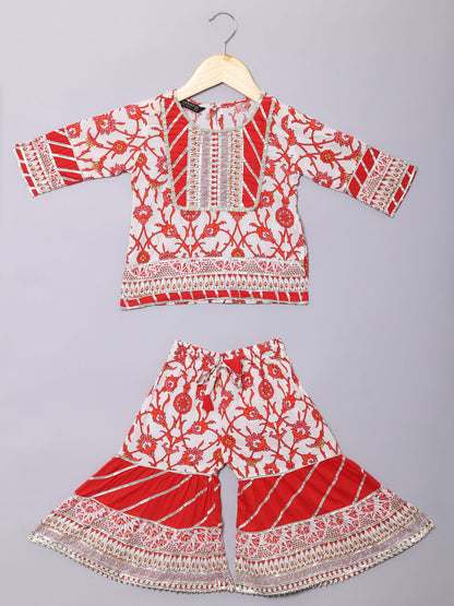 Straight Style Cotton Fabric Red And White Color Kurti And Sharara