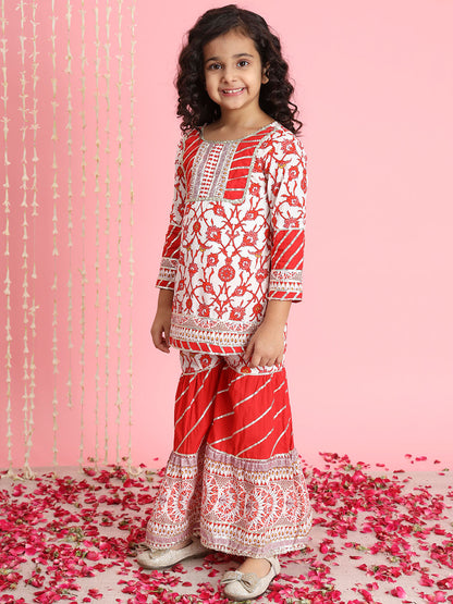 Straight Style Cotton Fabric Red And White Color Kurti And Sharara