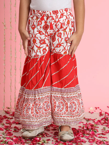 Straight Style Cotton Fabric Red And White Color Kurti And Sharara