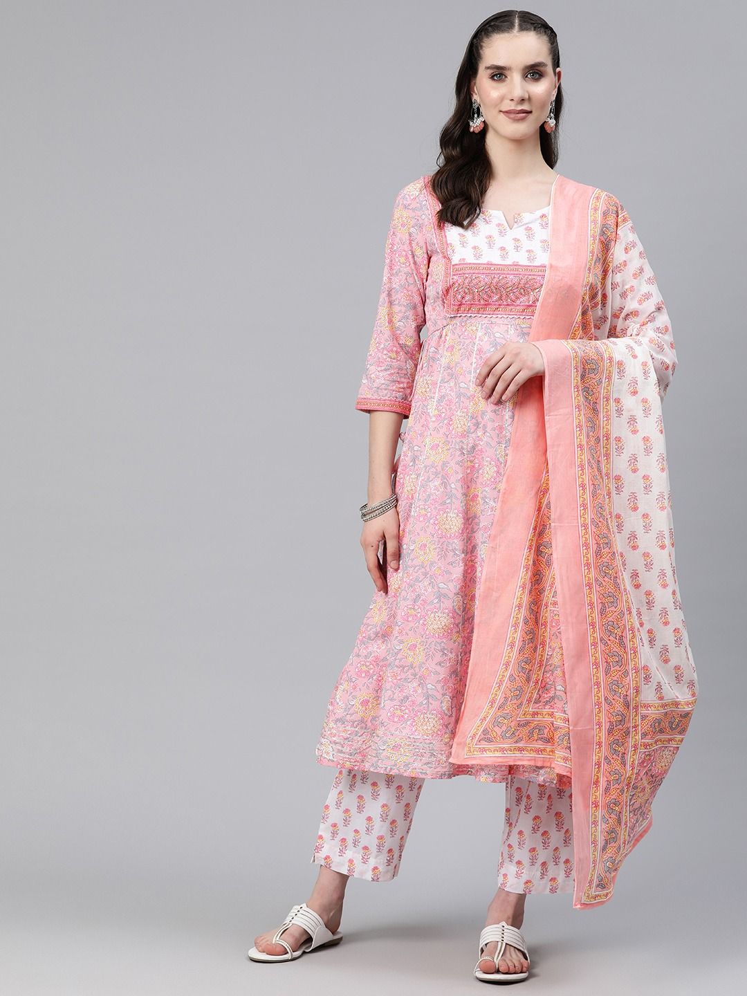 Anarkali Style Cotton Fabric  Pink Color Kurti And Bottom & Dupatta