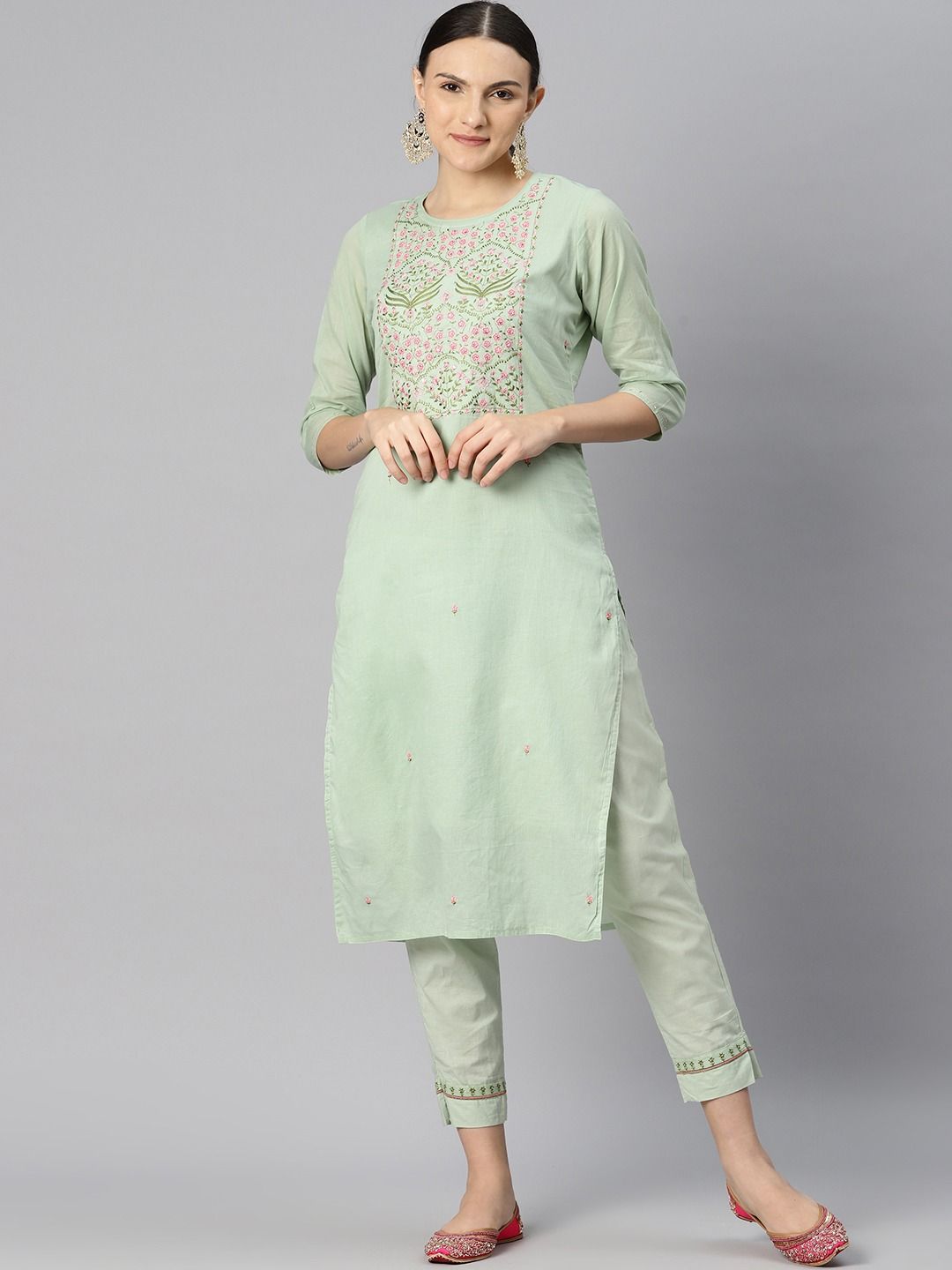 Straight Style Cotton Fabric Green Color Kurti Bottom