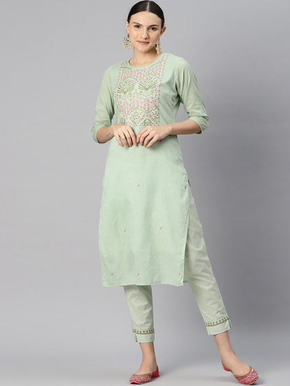 Straight Style Cotton Fabric Green Color Kurti Bottom