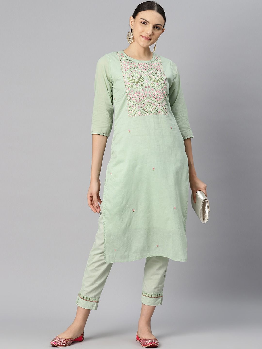 Straight Style Cotton Fabric Green Color Kurti Bottom